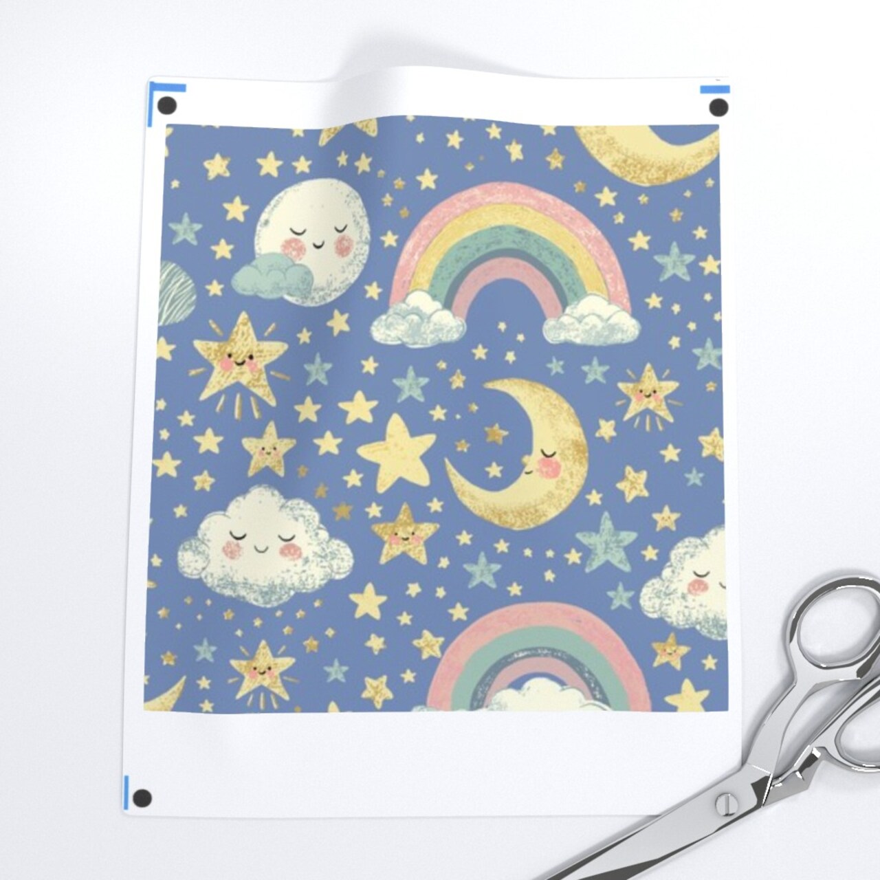 Celestial Baby Moon Stars Cloud Pastel Rainbow Cozy Dreamy Crescent Moon Blue Light Yellow Custom Printed Fabric by Spoonflower Various Fabrics by the Yard or Fat Quarter